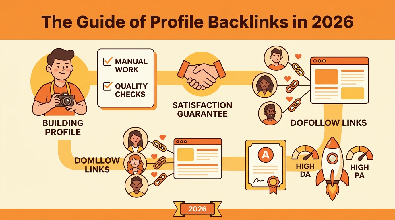 Infographic showing how to create a profile backlink by adding a website URL to a user profile page on a high-authority forum.