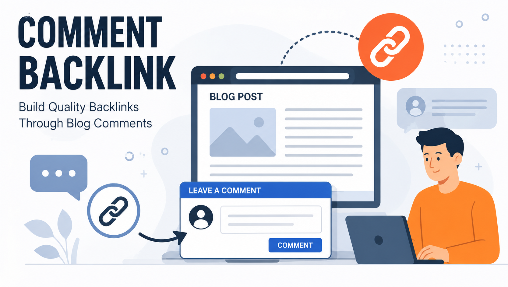 An illustration showing an arrow pointing from a website comment box to an external webpage, representing SEO link building through comment backlinks.