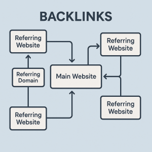 SEO Web 2.0 backlinks diagram showing referring websites and domains linking to a main website